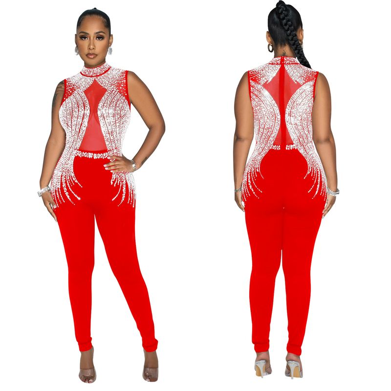 Vêtements pour femmes mode femmes couleur unie maille presse perceuse sans manches pantalon combinaison_voghion.com