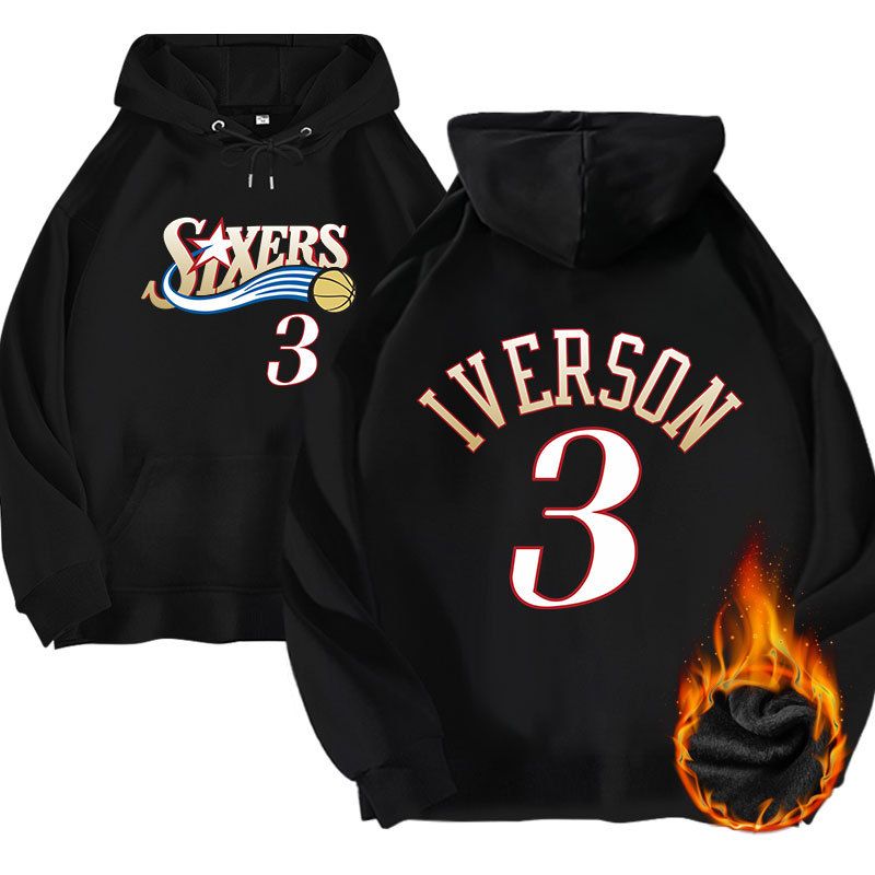 Felpa con cappuccio in peluche Philadelphia No.3 bianca sportiva da basket, abbigliamento ampio autunno/inverno stampato fronte-retro unisex_voghion.com