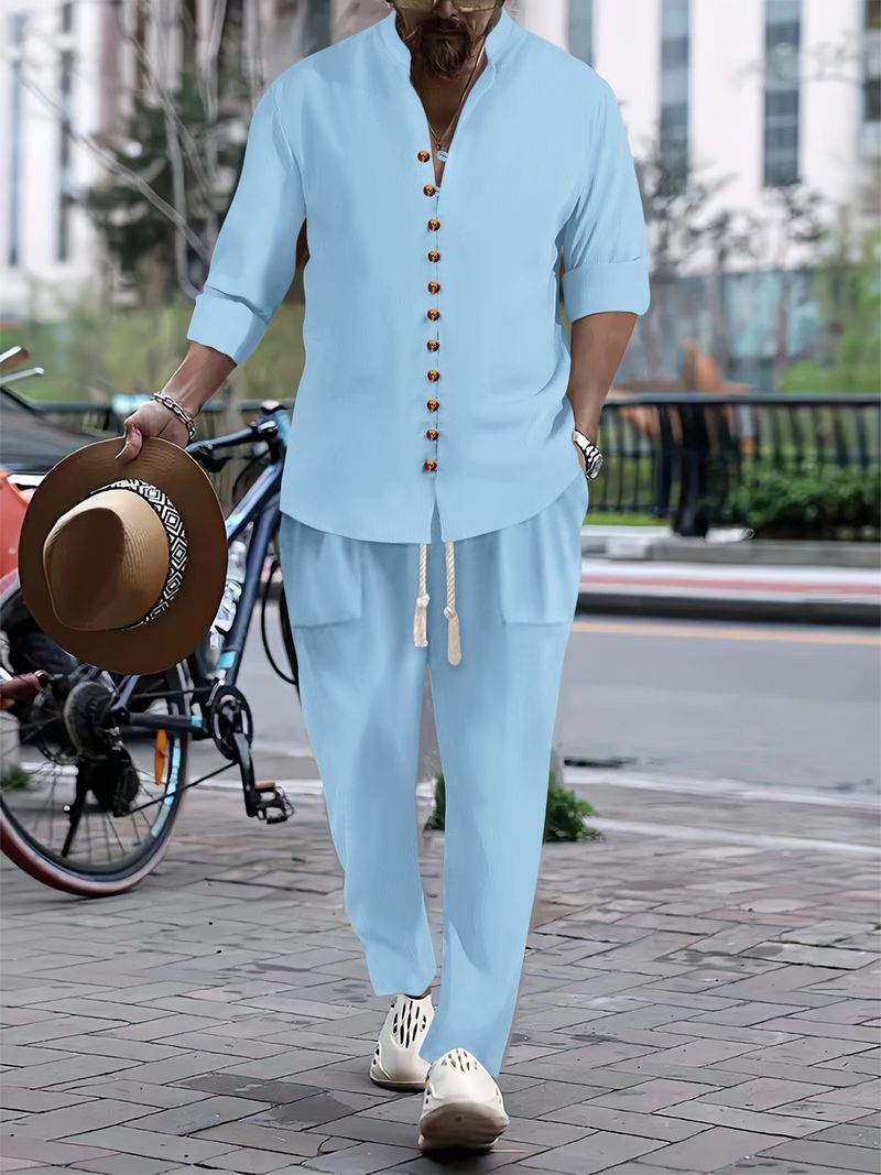 Set de două piese pentru bărbați, primăvară-toamnă, cămașă din bumbac și in, casual, cu mânecă lejeră, pantaloni lungi_voghion.com