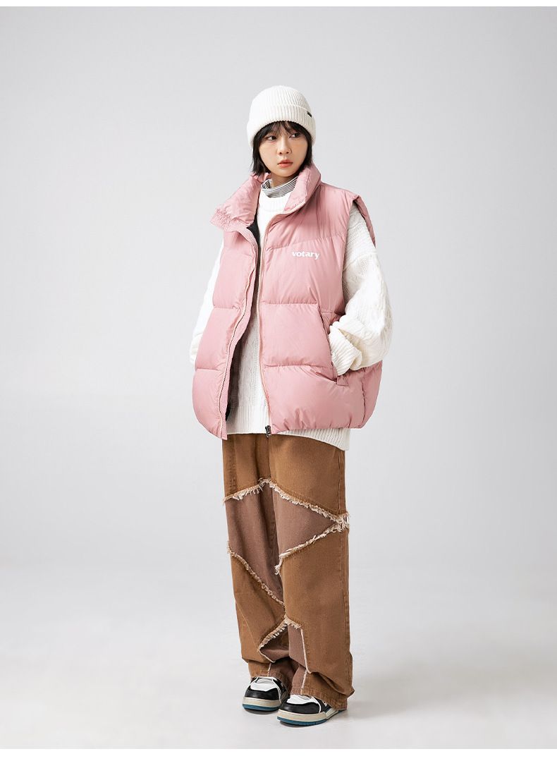 Colete masculino com gola alta e enchimento de plumas - Jaqueta acolchoada reversível sem mangas para inverno com estampa retrô para estilo urbano_voghion.com