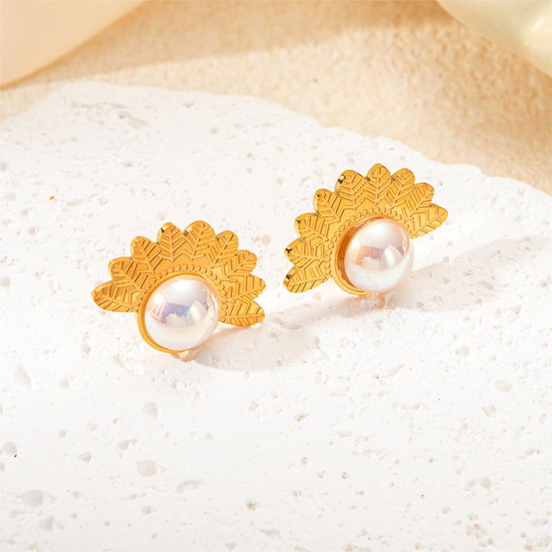 Dreiteiliges Set aus Edelstahlschmuck im Barockstil, Perlen, Blättern aus Titanstahl, Halsketten, Ringen und Ohrringen_voghion.com