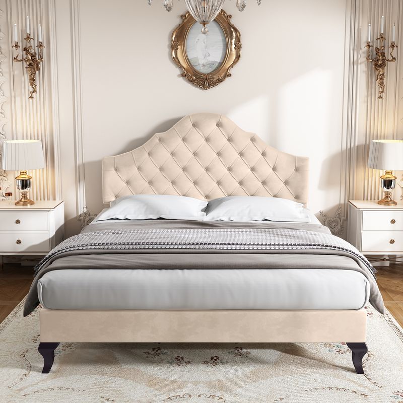 Polsterbett 140x190cm Con Lattenrost, Verstellbarem Kopfteil, Velours Beige_voghion.com