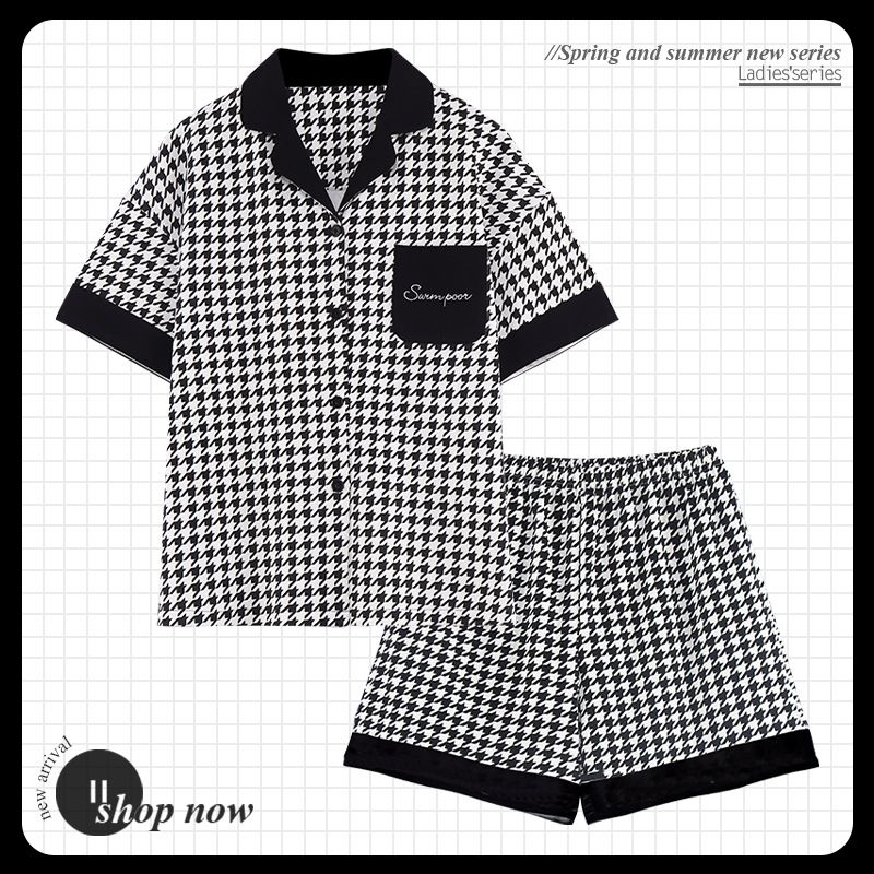 2022 Internet celebrity Qianniao grid women's summer pajamas, short sleeved shorts, cotton set, plus size cardigan,_voghion.com