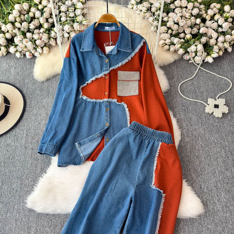 Damenbekleidung Designer-Jeanshemd mit Revers und Patchwork-Muster, langärmeliges Oberteil, Anzug für Frauen, hohe Taille, schmale, farblich passende Hose mit weitem Bein, zweiteiliger Anzug_voghion.com