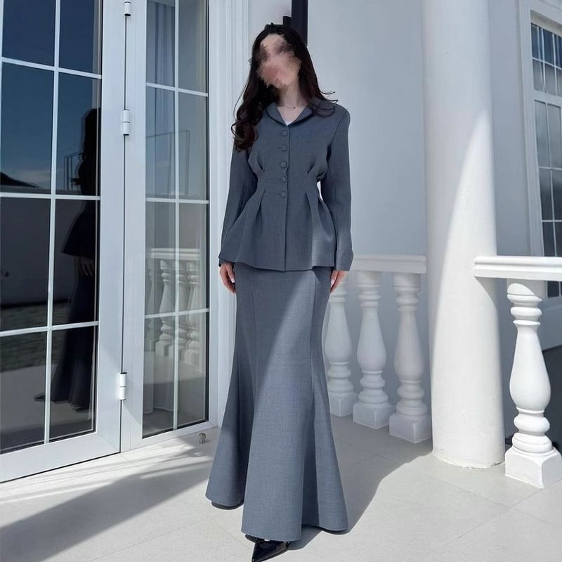 Elegante completo con gonna a coda di pesce su misura da donna - Elegante abito da ufficio a vita alta con camicetta, comodo poliestere, abbigliamento da lavoro autunnale_voghion.com