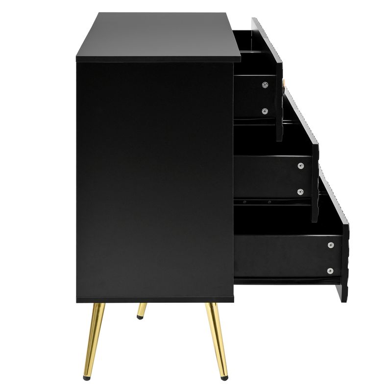 Kommode Schwarz 120x80cm Mit 6 Schubladen, Gold-Akzenten, Metallbeinen_voghion.com