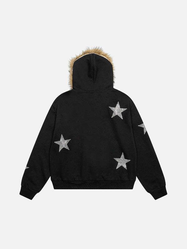 Felpa con cappuccio e cerniera in pelliccia sintetica con stella ricamata retrò da uomo e da donna - Pullover unisex alla moda di alta moda con stampa 3D_voghion.com