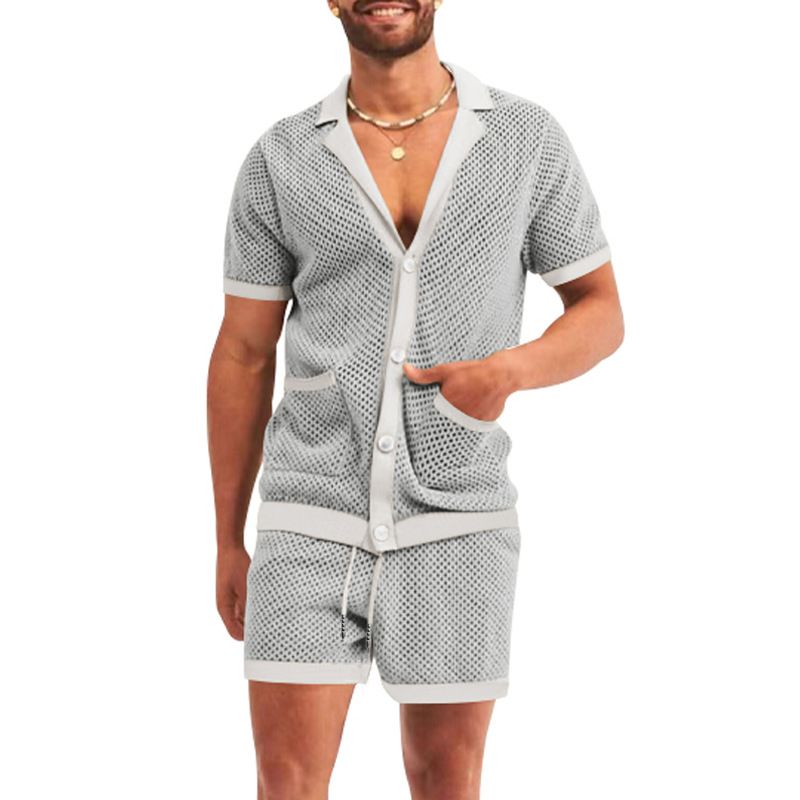 Herrenbekleidung Herrenmode aushöhlen durchsichtig cool lässig dünne Oberbekleidung Herren Kurzarm Shorts Set_voghion.com