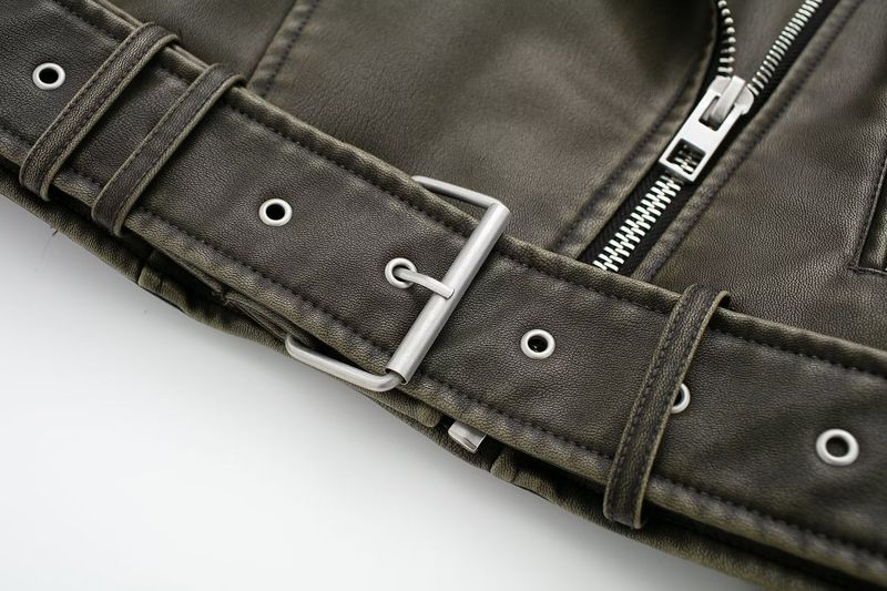 Dameskleding 2024 herfst en winter nieuw item diagonale rits riem revers leren PU jas_voghion.com
