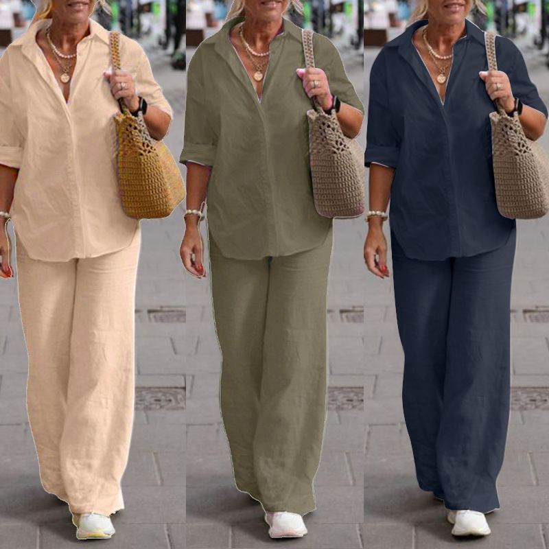 Damenbekleidung Zweiteiliges Set für Damen mit langärmeligem Revers und lässigem Frühlings- und Herbstanzug in einfarbiger Hose mit weitem Bein_voghion.com