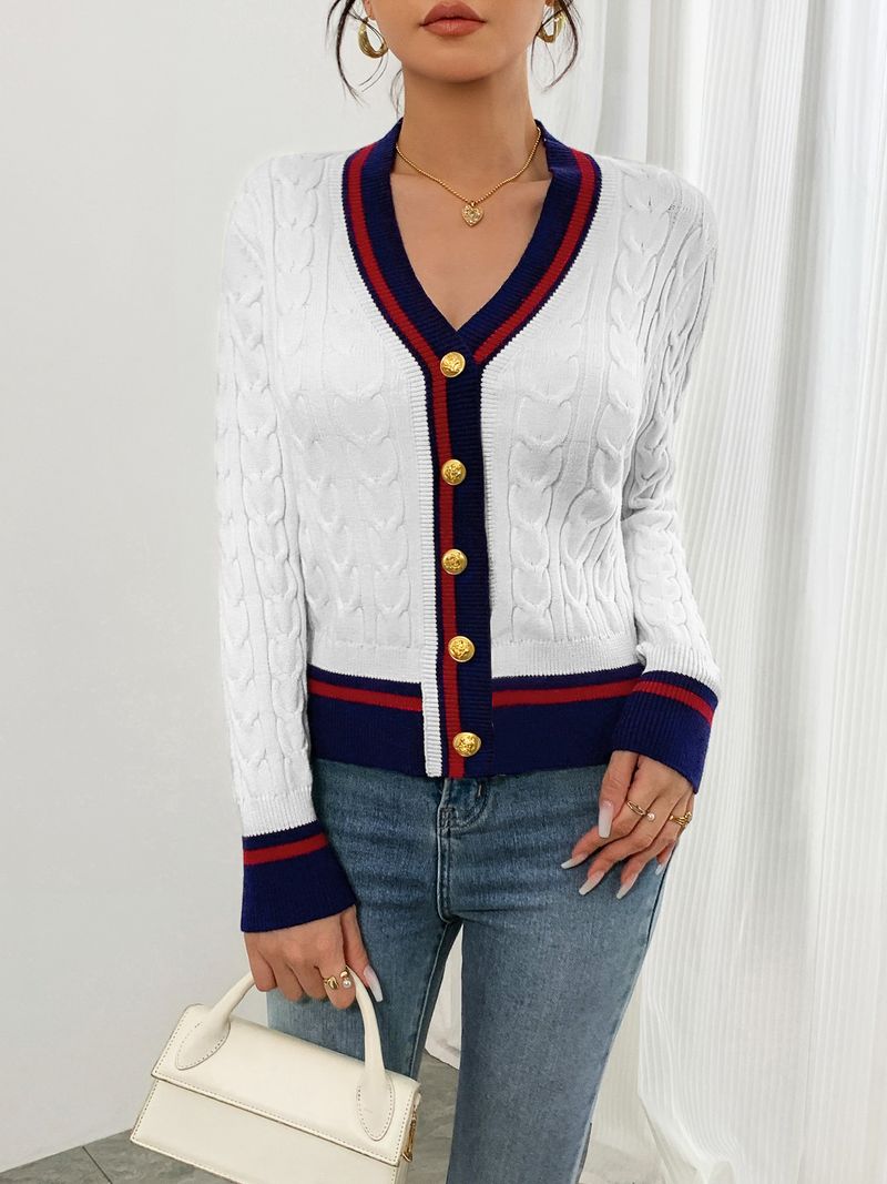 Cardigan in maglia a trecce con scollo a V e righe da donna - Maglione casual ed elegante da donna per primavera e autunno (bianco, dalla S alla XXL)_voghion.com