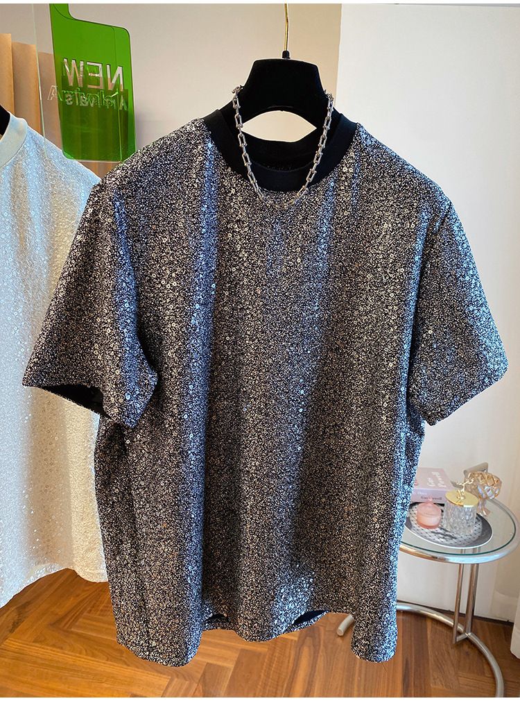 2024 New Loose European Style Sequin Shiny Silk T-Shirt Men's Short Sleeve Unique Chic Design Handsome Top_voghion.com