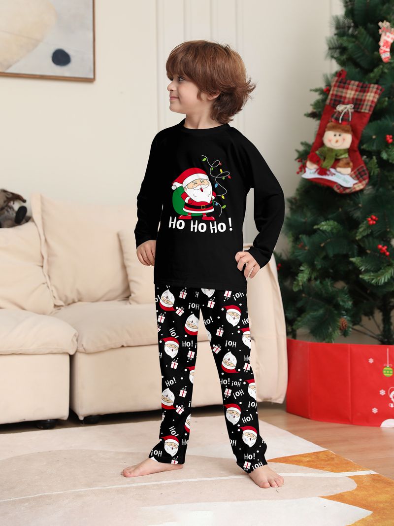 Passendes Familien-Pyjama-Set mit Weihnachtsmann-Aufdruck – Schwarze, gemütliche Nachtwäsche für Eltern und Kinder (S–4XL, Hundegrößen inbegriffen)_voghion.com