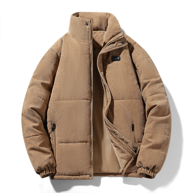Standing Collar Cotton Corduroy, Autumn And Winter Men's Plush, Thickened, Warm, Breathable, Loose Fitting Bread Jacket,_voghion.com