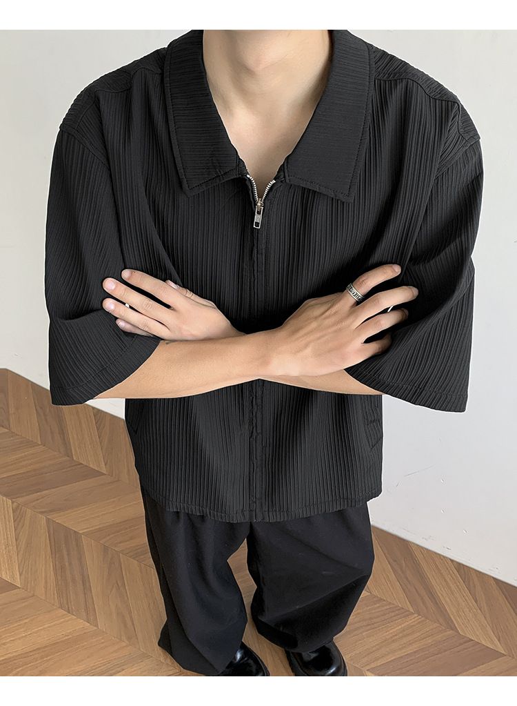 Herenkleding Overhemd met korte mouwen Knappe zomer High-end trendy los overhemd met korte mouwen en rits_voghion.com