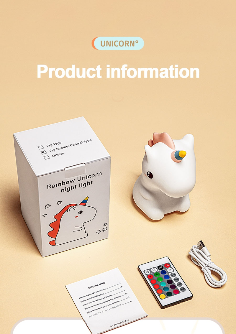 Tek boynuzlu at sevimli silikon LED gece lambası çocuklar için çocuk USB şarj edilebilir karikatür hayvan yatak odası dekoru dokunmatik gece lambası hediyeler için_voghion.com