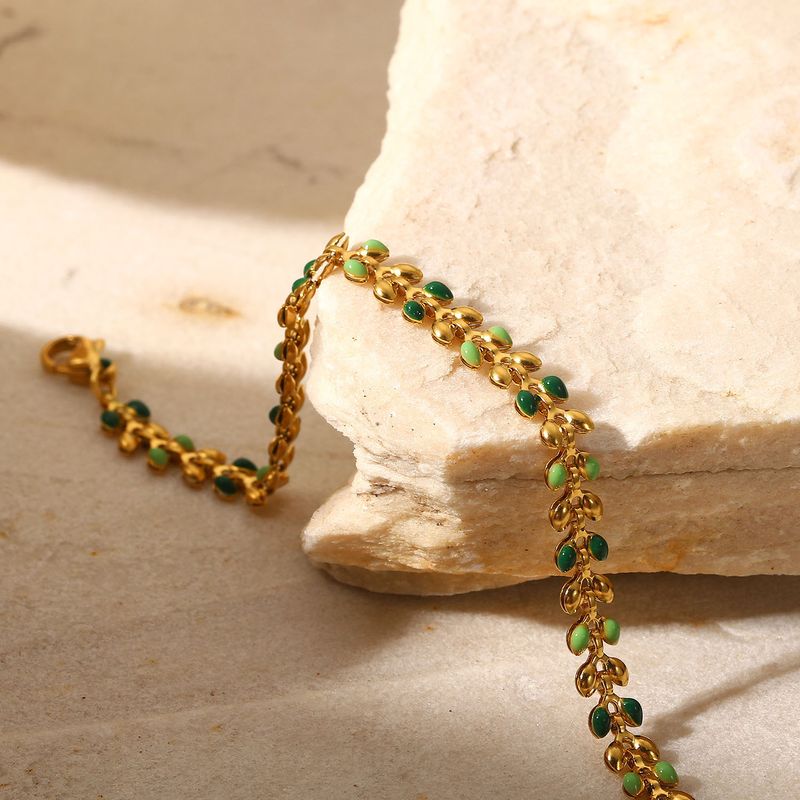 INS femmes nouveau or vert goutte huile feuille d'olivier en acier inoxydable mode Style Bracelet bijoux_voghion.com