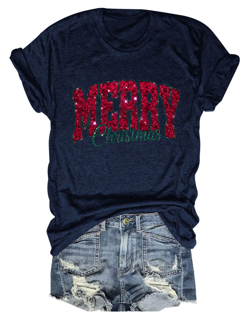 Casual Versatile Women's Merry Christmas Round Neck Short Sleeve T-Shirt Base Shirt_voghion.com