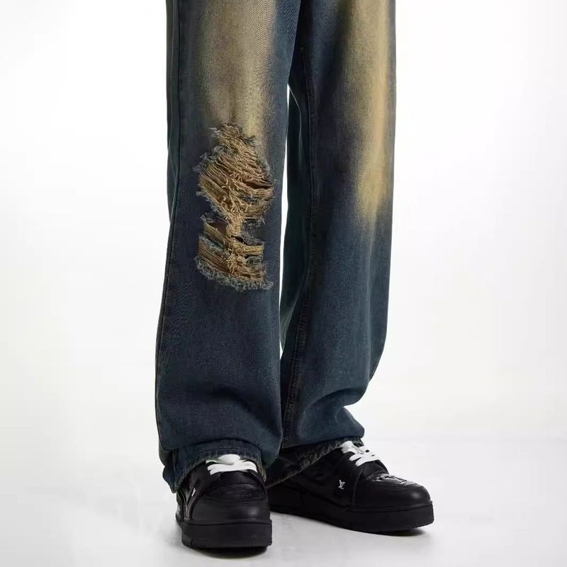 American retro drape denim jeans, men's hip-hop loose edge floor mop pants, street hip-hop design sense_voghion.com