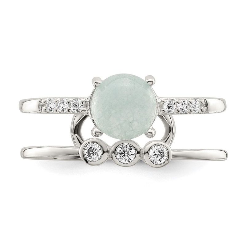 Sterling Silver Polished CZ And Light Blue Quartzite Double Ring_voghion.com