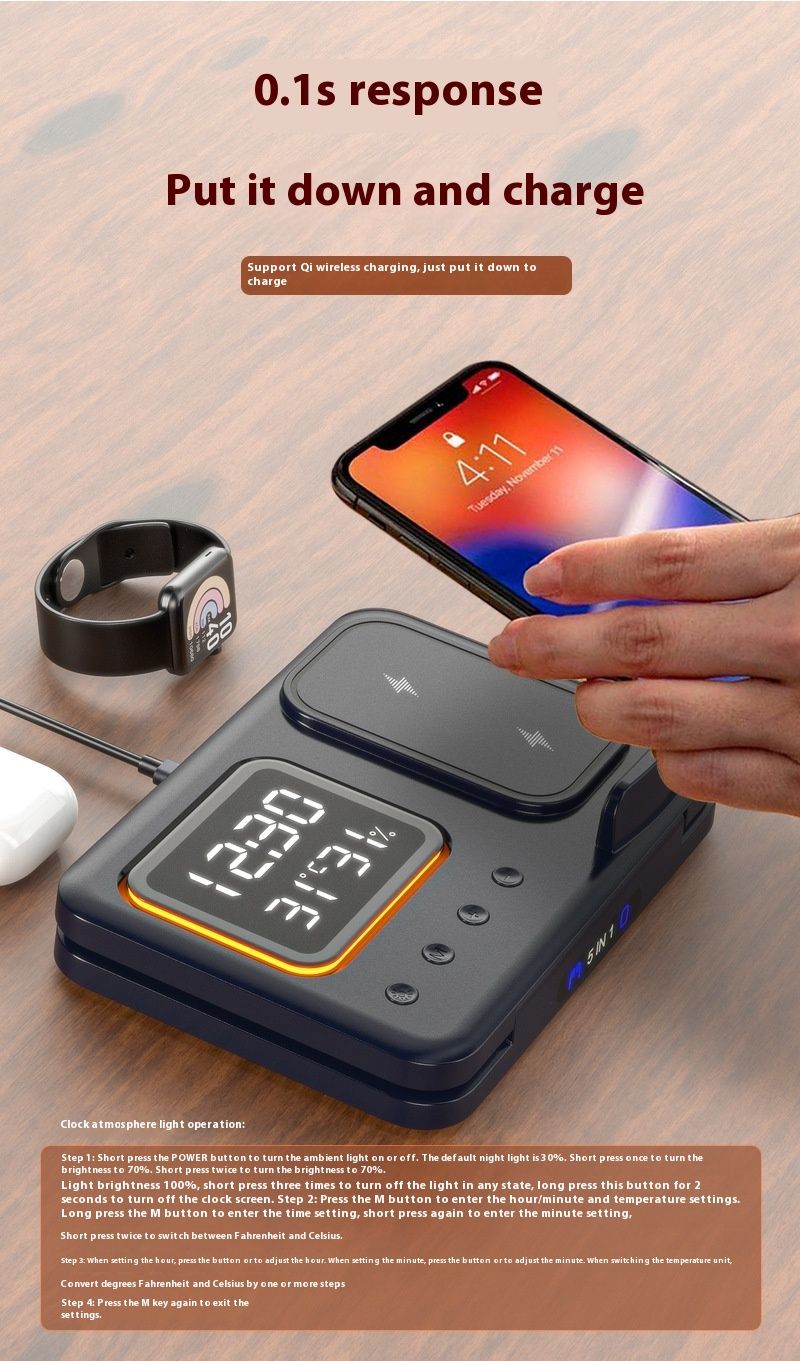 15W Drahtlose Ladegeräte Stehen 5 In1 LED Digital Wecker Schnelle Lade Dock Station_voghion.com