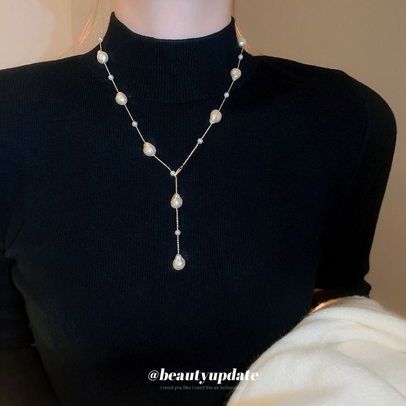 Echt vergoldete Perlenkette, leichter Luxus, eleganter Schlüsselbein, französische Mode, hochwertiger Pulloverkettenschmuck_voghion.com
