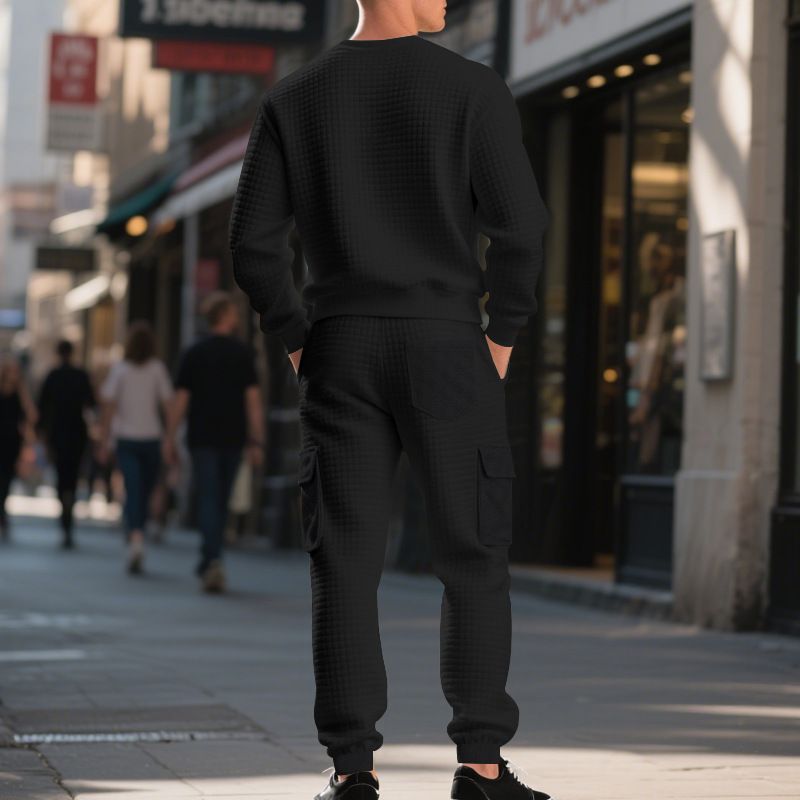 Herren-Jacquard-Sweatshirtanzug – Locker sitzendes, lässiges Arbeitskleidungsset (Schwarz/Weiß/Armeegrün, M-XXXL)_voghion.com