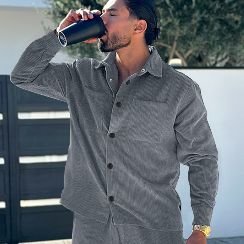 Cardigan da uomo slim fit, in velluto a coste, multitasche, casual, taglie forti, tinta unita, 2023_voghion.com