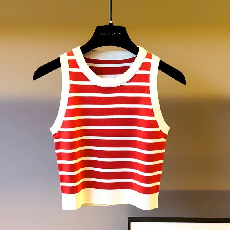 Europäische High-Version gestreifte gestrickte Camisole-Weste für Damen im Sommer Oberbekleidung Innenbekleidung mit einer Basis, Slim Fit und_voghion.com