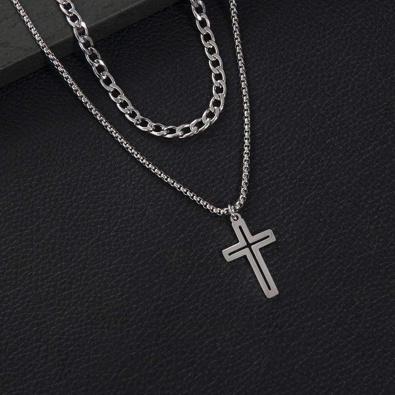 Gothic Layered Cross Pendant Necklace For Women - Stainless Steel Cuban Chain With Box Chain - Trendy Layered Necklace For Everyday Wear_voghion.com