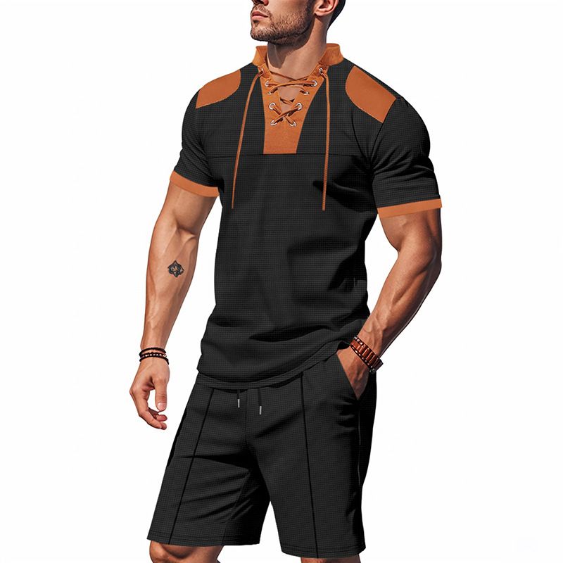 Cross-border Independent Station American Summer Casual Men's Tether Loose Henry Western Denim Waffle Short Sleeve Suit_voghion.com