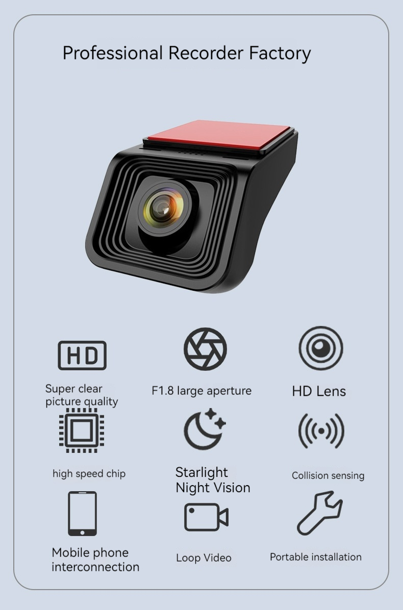 U-förmiger versteckter Fahrrekorder, WLAN-Mobiltelefonverbindung, hochauflösender Autorekorder, 24-Stunden-Parküberwachung_voghion.com
