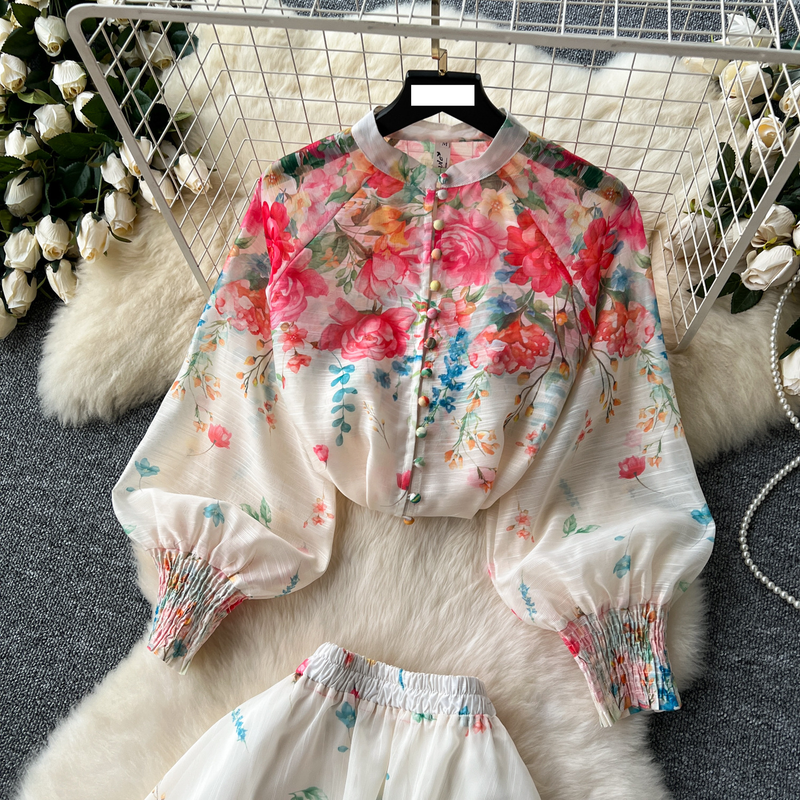 Women's clothing women's two-piece suit, ladylike temperament, lantern sleeve button-down slim-fitting top, high waist printed mesh skirt_voghion.com