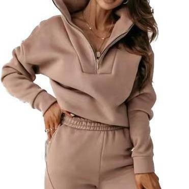 Damenbekleidung Samt-Sweatshirt Stehkragen Reißverschluss Jacke Nähte Hose_voghion.com