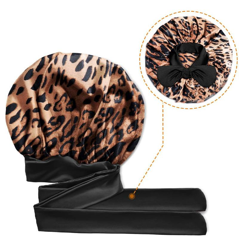 Leopard print ribbon satin sleeping cap with high elasticity and wide brim silk headscarf hat for beauty and hair care_voghion.com