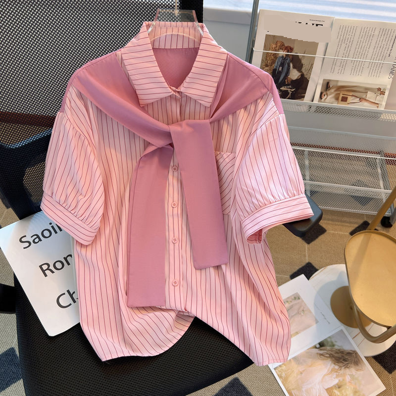Women's Clothing Shawl Striped Shirt Short Sleeve Summer New The Workplace Light Mature French Style High End Shirt Light Luxury Tops For Women_voghion.com