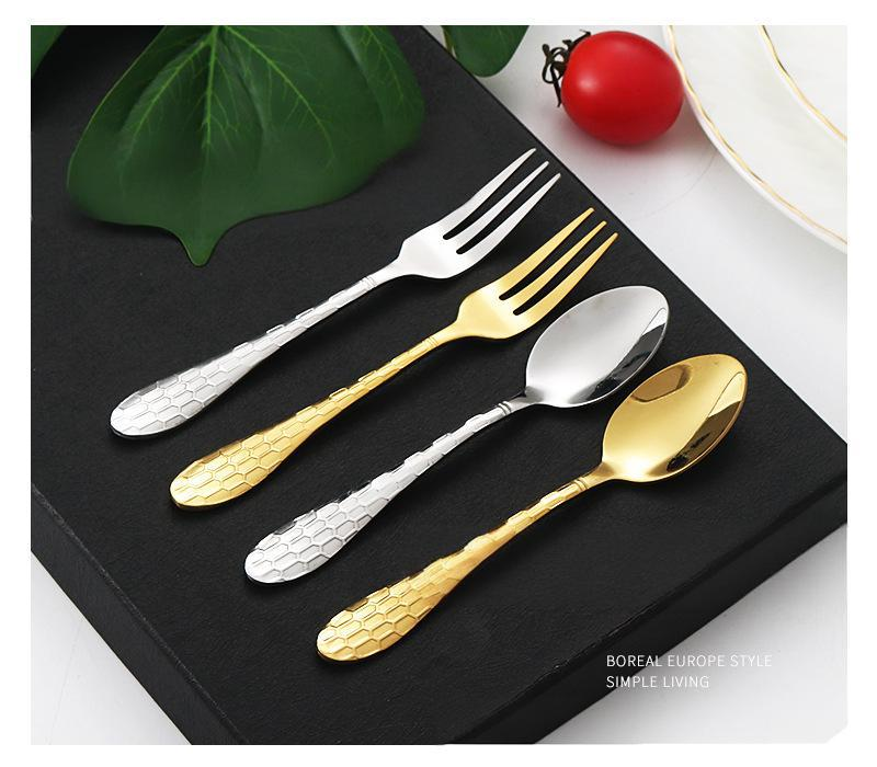 Titanium-Plated Stainless Steel Cutlery Set - Water Cube Design 4-Piece Hotel & Restaurant Grade Tableware In Gift Box_voghion.com