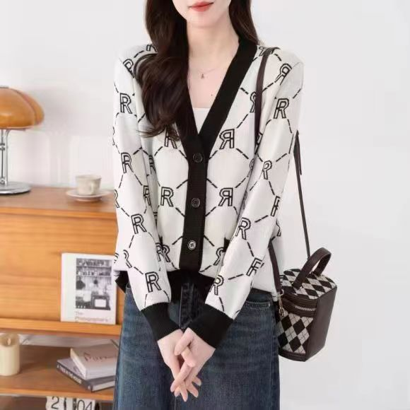 Women's Clothing V-Neck Knit Cardigan – Slim Fit Casual Long Sleeve Open Front Sweater With Pockets, Comfortable Polyester Blend For Fall & Winter_voghion.com