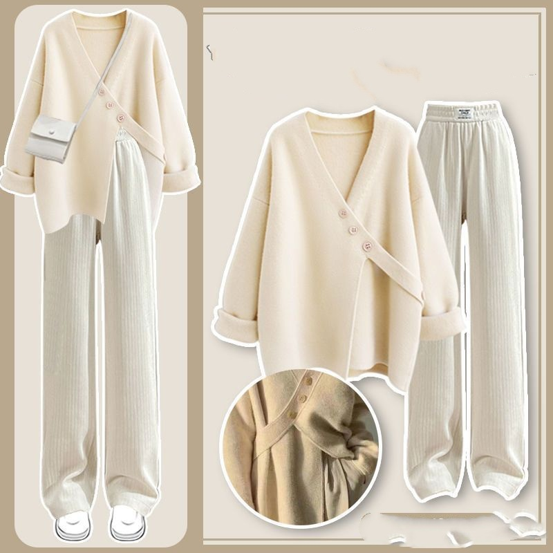 Plus Size Knit Sweater & Trousers Set – Oversized Cable Pullover + Wide-Leg Lounge Pants (Blue/Pink/Beige/Green/Red, M-4XL) – Cloud-Touch Stretch_voghion.com