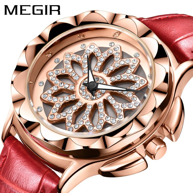 MEGIR Women's Fashion Watch With Rhinestones & Luminous Hands - Waterproof Quartz Watch For Casual Wear (White/Red)_voghion.com