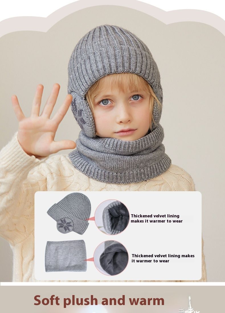 Children's Hat Winter Velvet Neck Set Knitted Wool Hat Men's and Girls' Warm Ear Protection Hoodie Head Cap_voghion.com