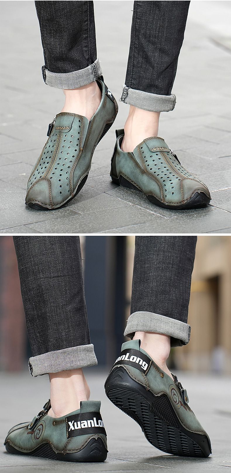 Spring and summer 2024 new oversized perforated breathable casual bean shoes, zipper men's shoes_voghion.com