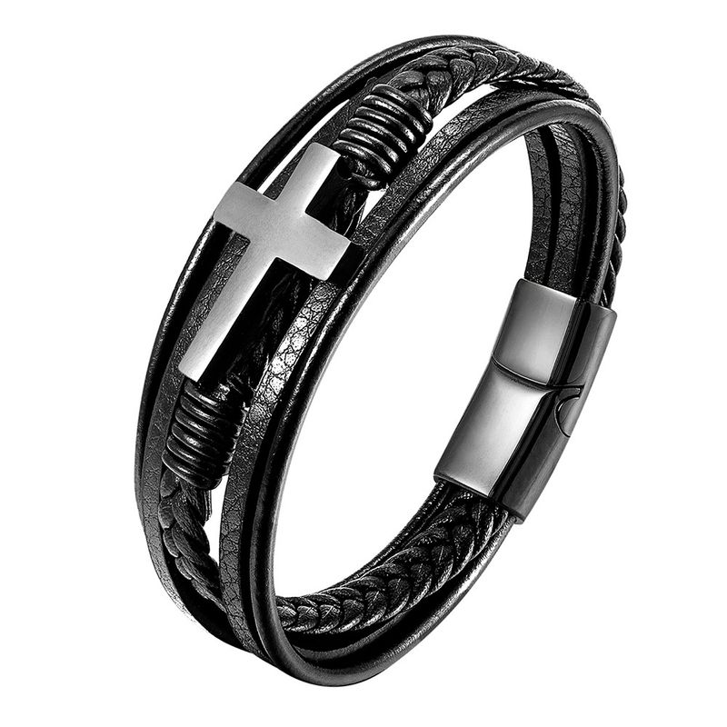 Edelstahl Gewebtes Armband Kreuz Echtes Leder Mehrschichtiger Herrenschmuck L20158_voghion.com