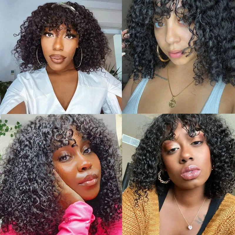 Bouncy Water Wave Bob Wig with Bangs Natural Black Comfortable Daily Use_voghion.com