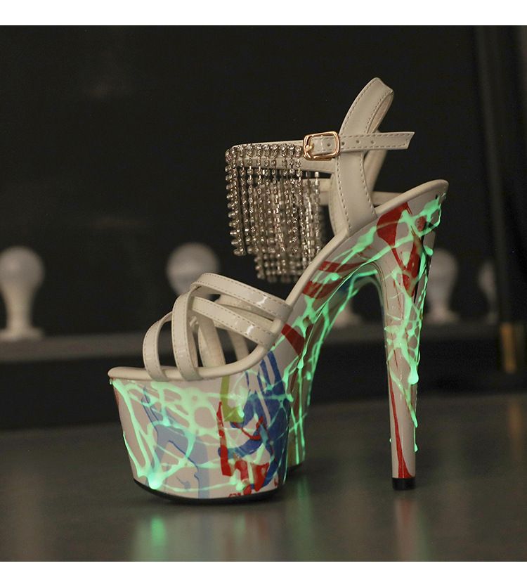 Sandali con tacco a spillo ultra alti impermeabili con plateau e strass, 1986 76, luminosi e fluorescenti, Speed Express, 20 cm_voghion.com