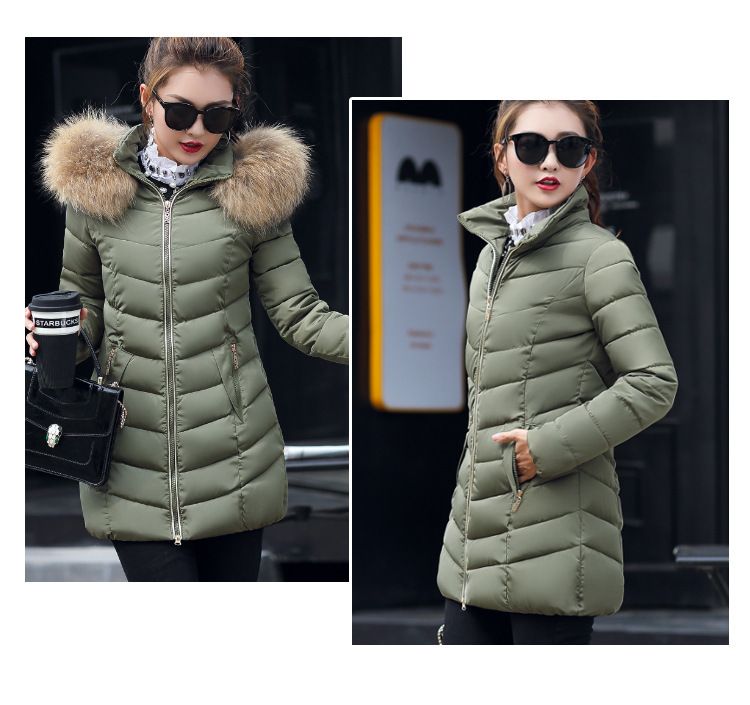 Langer Damen-Wintermantel mit Kapuze und abnehmbarem Kragen aus Waschbär-Kunstpelz – Slim Fit, Außenseite aus Polyester, warme Steppjacke_voghion.com