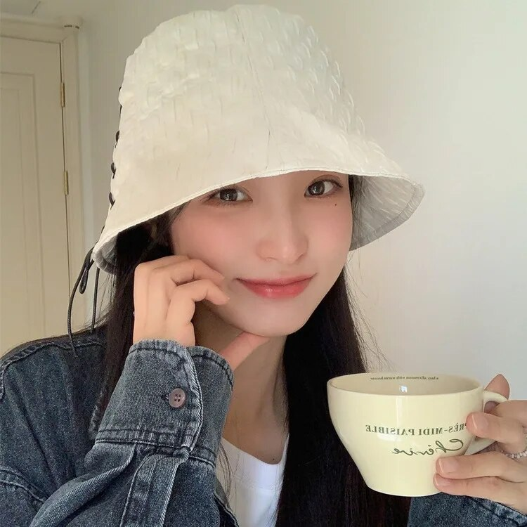 Chapeau de pêcheur à bretelles pour fille très douce, nouveau printemps et été, Style coréen, doux et polyvalent, couvrant le visage, Protection solaire, chapeau seau respirant_voghion.com