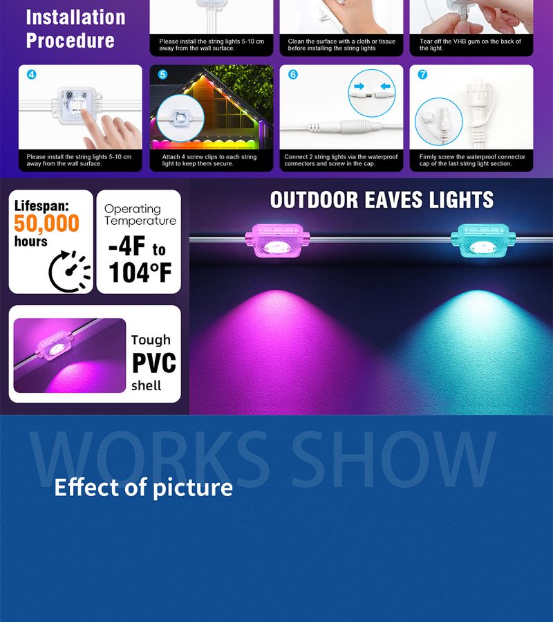 Bluetooth-LED-Lichterketten – wasserdichte Weihnachtsbeleuchtung für den Außenbereich für Dach und Dachtraufe, 16 Millionen Farben mit Musiksynchronisation und APP-Steuerung_voghion.com