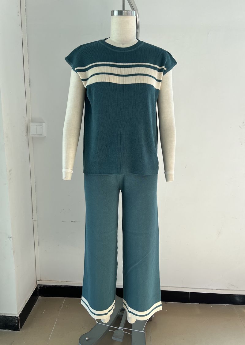 Abito casual da donna, top senza maniche a righe larghe a contrasto + pantaloni a gamba larga a vita alta, abito a due pezzi_voghion.com