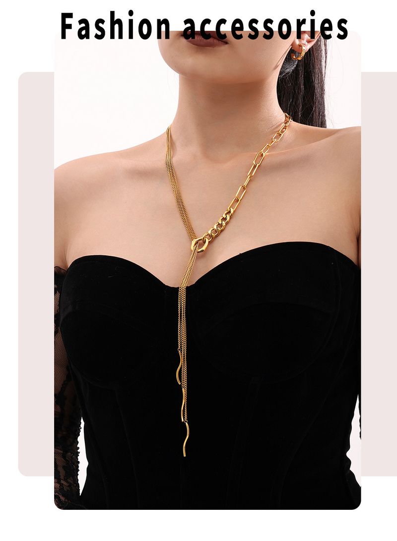 Fangtang NK Multi-layer Tassel Curved Strip Layered Sweater Chain Long Necklace Stainless Steel Trend_voghion.com